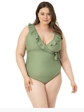 Kindred Bravely Aloe Green Ruffle Wrap Maternity & Nursing One-Piece Swimsuit